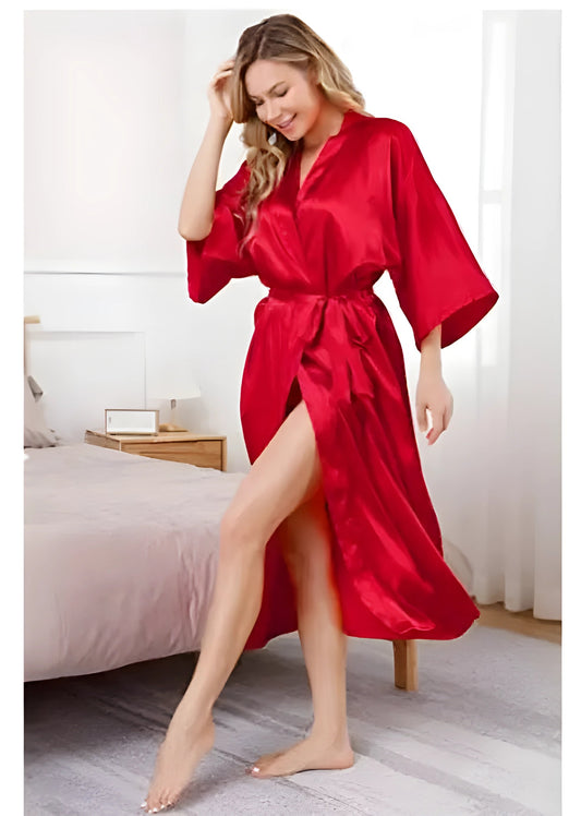 Plus Size S-XXXL Rayon Bathrobe Womens Kimono Satin Long Robe Sexy Lingerie Classic Nightgown Sleepwear with Belt - Red