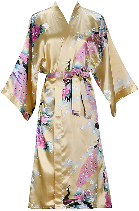 Robe d'intérieur courte en satin de soie avec motif floral et paon - Variantes Jaune