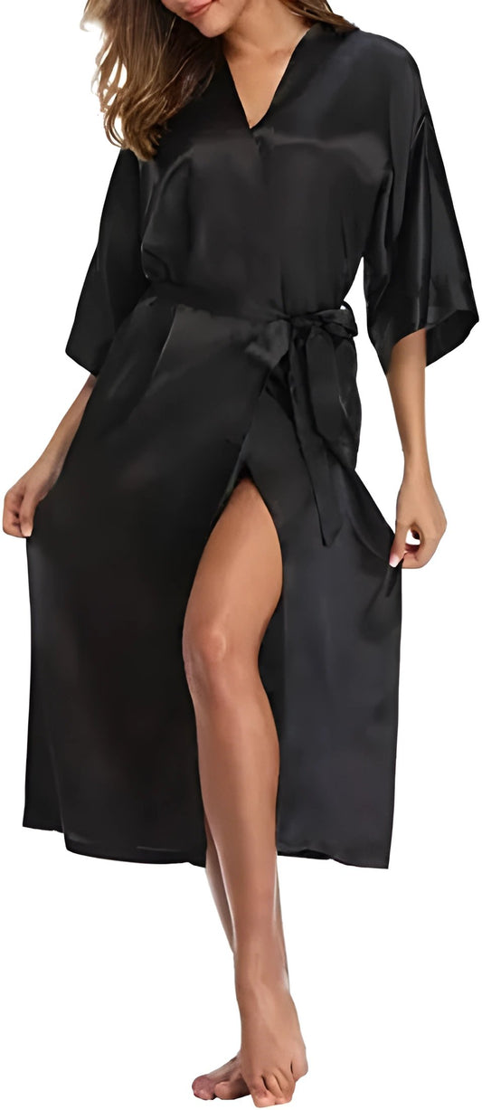 Plus Size S-XXXL Rayon Bathrobe Womens Kimono Satin Long Robe Sexy Lingerie Classic Nightgown Sleepwear with Belt - Black