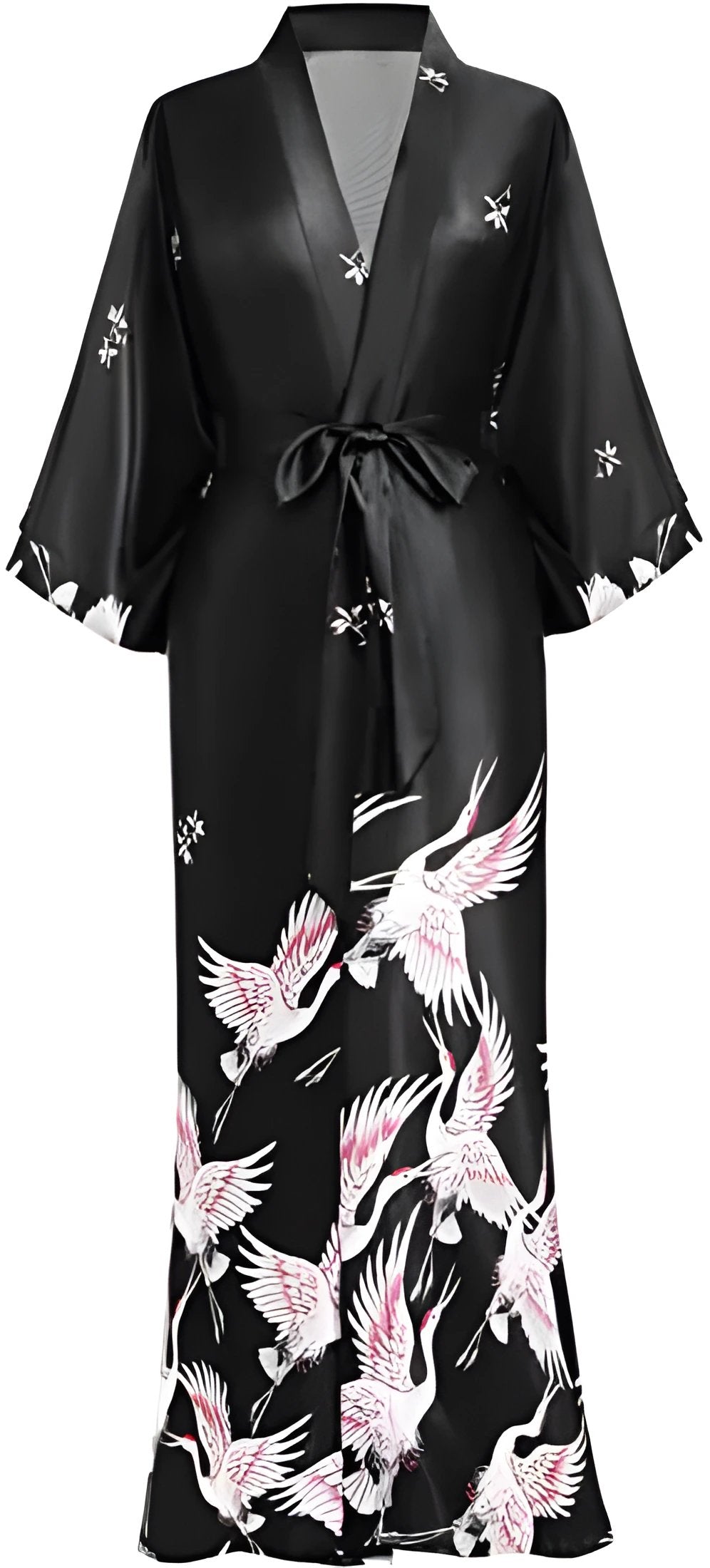 Print Crane Lady Kimono Bathrobe Gown Women Wedding Robe Loose Soft Satin Nightgown Sleepwear V-neck Long Novelty Nightwear - Black