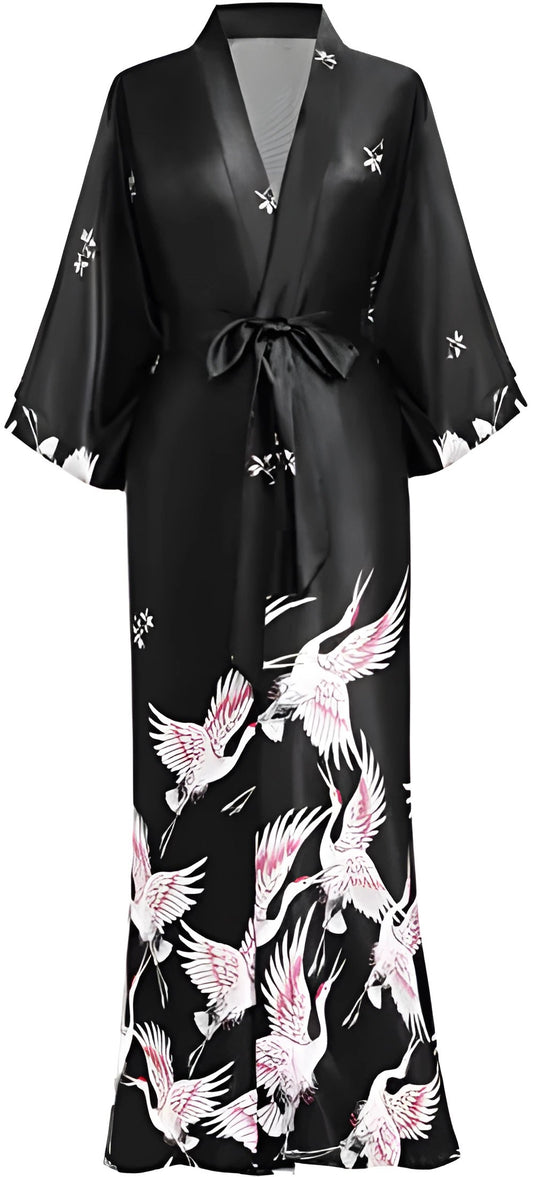 Print Crane Lady Kimono Bathrobe Gown Women Wedding Robe Loose Soft Satin Nightgown Sleepwear V-neck Long Novelty Nightwear - Black