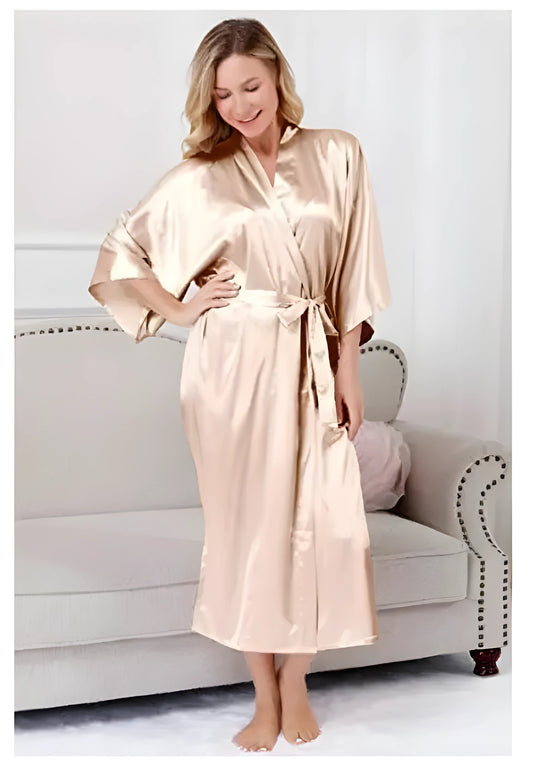 Plus Size S-XXXL Rayon Bathrobe Womens Kimono Satin Long Robe Sexy Lingerie Classic Nightgown Sleepwear with Belt - Champagne