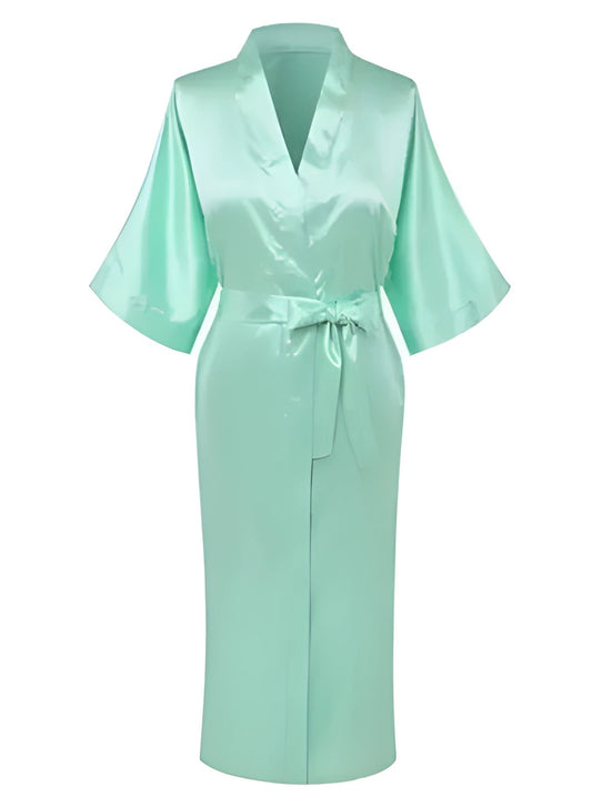 Plus Size S-XXXL Rayon Bathrobe Womens Kimono Satin Long Robe Sexy Lingerie Classic Nightgown Sleepwear with Belt - Light Green