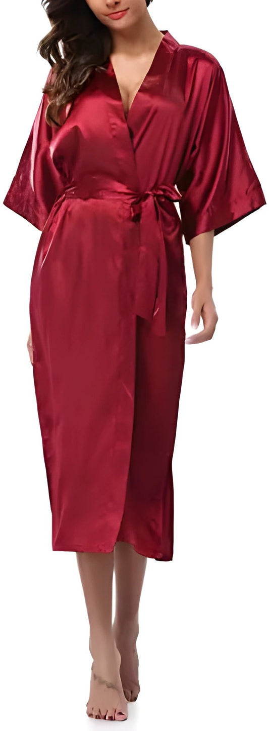 Plus Size S-XXXL Rayon Bathrobe Womens Kimono Satin Long Robe Sexy Lingerie Classic Nightgown Sleepwear with Belt - Wine Red