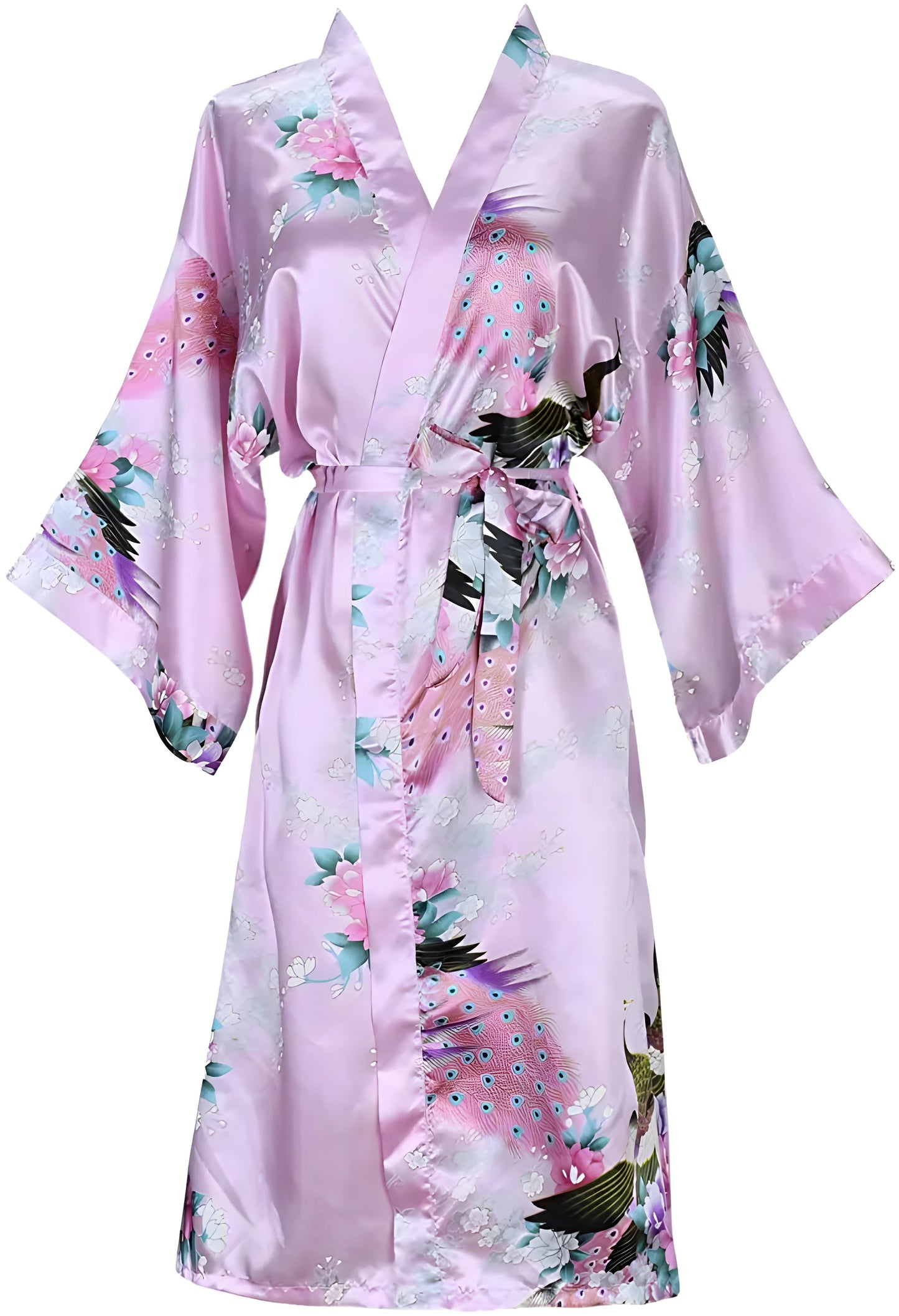 Robe d'intérieur courte en satin de soie avec motif floral et paon - Variantes Rose Pâle