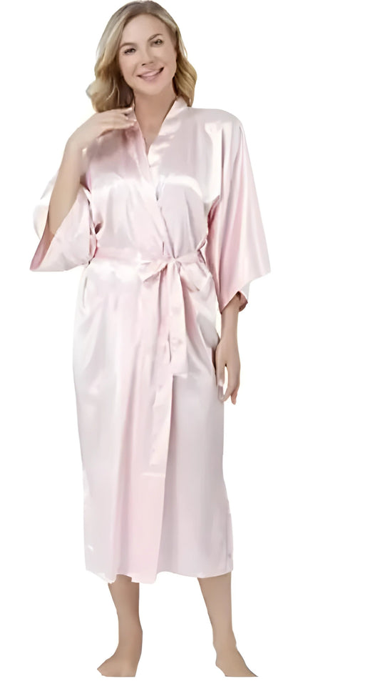 Plus Size S-XXXL Rayon Bathrobe Womens Kimono Satin Long Robe Sexy Lingerie Classic Nightgown Sleepwear with Belt - Light Pink