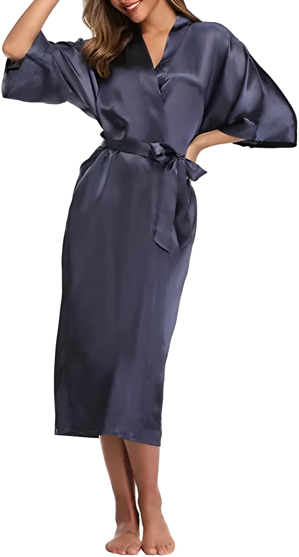 Plus Size S-XXXL Rayon Bathrobe Womens Kimono Satin Long Robe Sexy Lingerie Classic Nightgown Sleepwear with Belt - Navy Blue