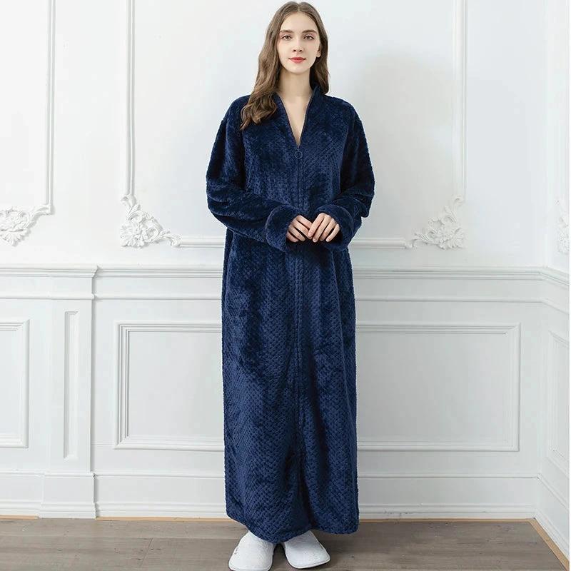 Women's Extra Long Thermal Jacquard Flannel Bathrobe with Zipper - Navy