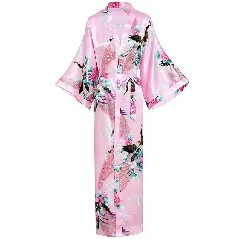 Robe kimono longue en satin pour femme avec poches - Motif paon rose