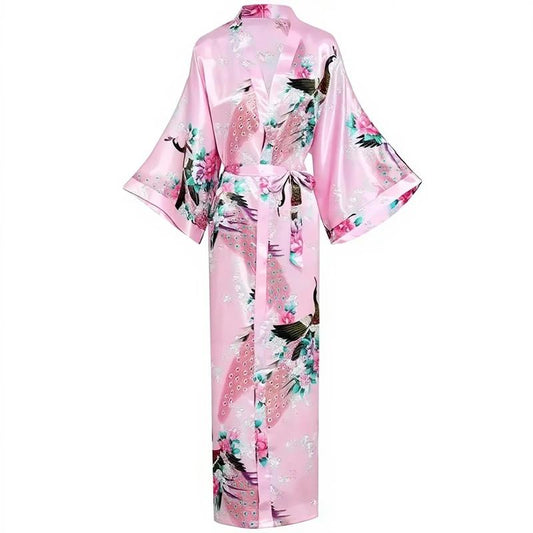 Robe kimono longue en satin pour femme avec poches - Motif paon rose
