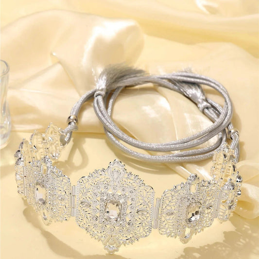 Saudi Arabian ladies robe belt inlaid with rhinestones adjustable size royal vintage style bridal wedding belt ladies gif - SILVER