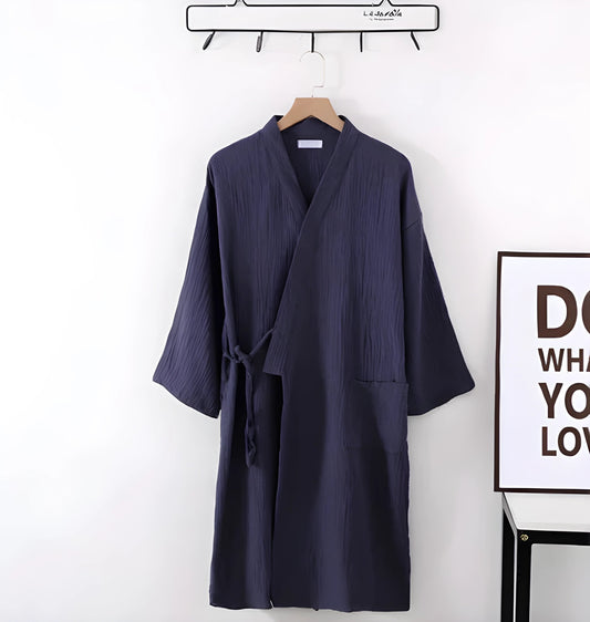 Robe kimono en coton crêpe style japonais pour femme - Gris foncé