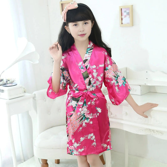Kids Satin Floral Robe - Hot Pink