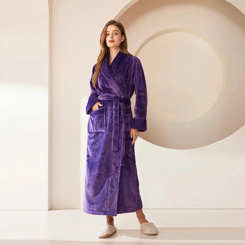 Robe de chambre longue en velours corail épais pour femme - Violet