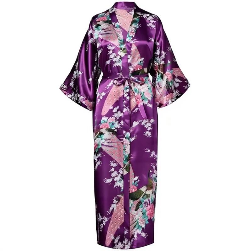 Robe kimono longue en satin pour femme avec poches - Motif paon violet