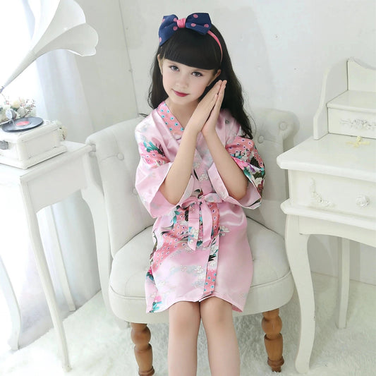 Kids Satin Floral Robe - Pink