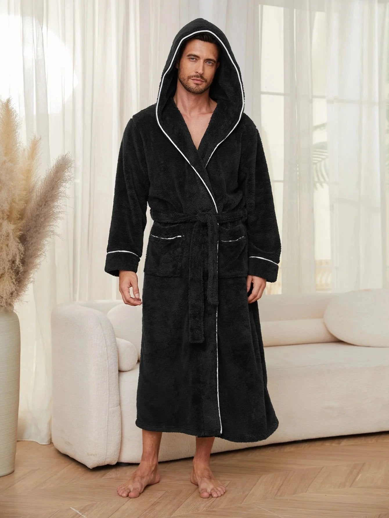 Robe de chambre confortable en coton flanelle pour homme - Noir