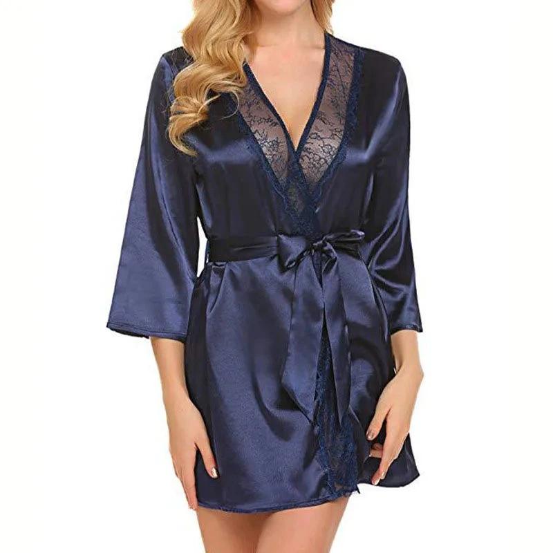 Women Sexy Lace Satin Robe Sleepwear Short Nightgown Kimono Bathrobe Lingerie Nighty Dress Soft Comfortable Blue Plus Size