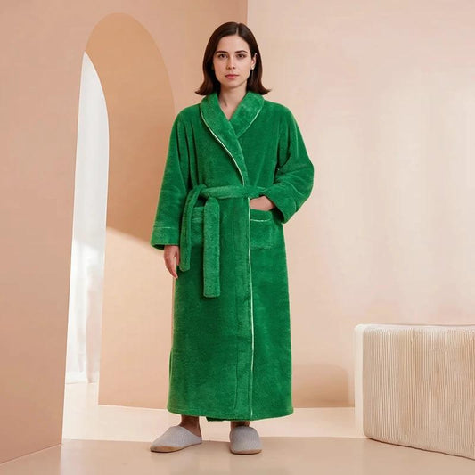Men's Green Plush Long Fleece Bathrobe