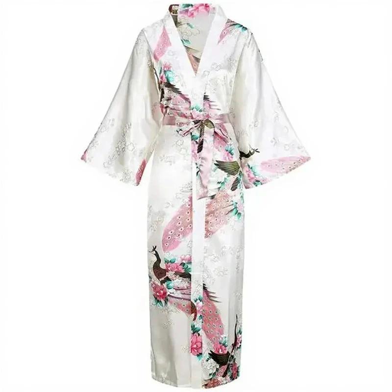 Robe kimono longue en satin pour femme avec poches - Motif paon blanc