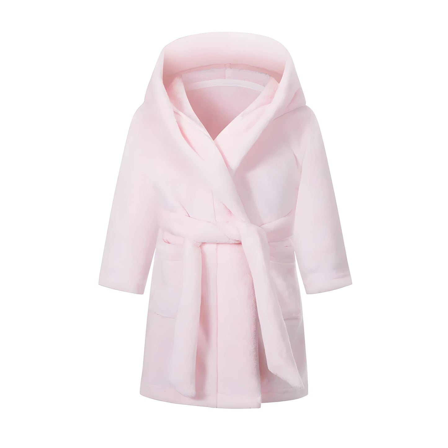 Robe de chambre à capuche douce en flanelle unie rose pâle pour enfants (Style 18)