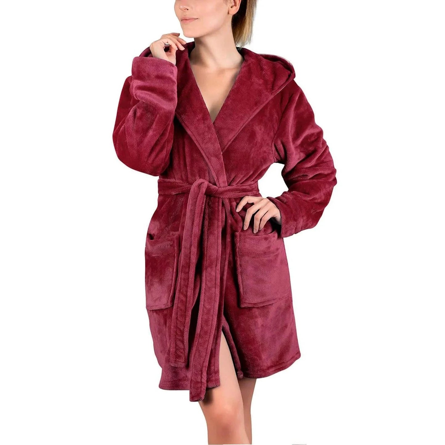 Autumn and Winter New Coral Fleece Hooded Sleepwear Women's Solid Color Sleeping Robe - Wine