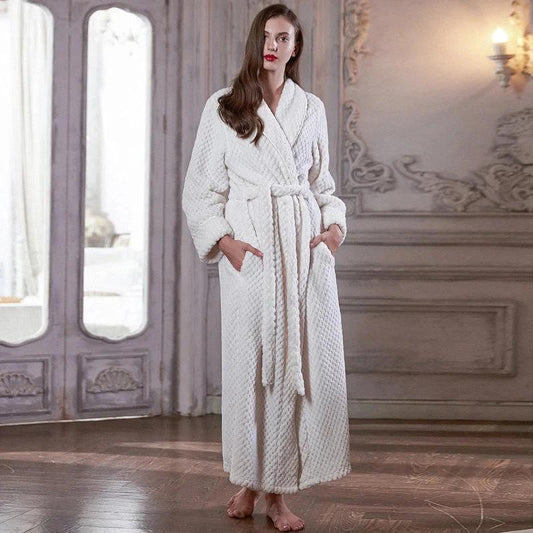 Women's Extra Long Thermal Jacquard Flannel Bathrobe with Belt - White
