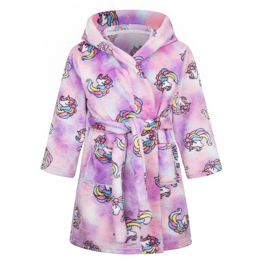 Robe de chambre à capuche douce en flanelle d'automne/hiver pour enfants, motif licornes roses et violettes tie-dye (Style 31)