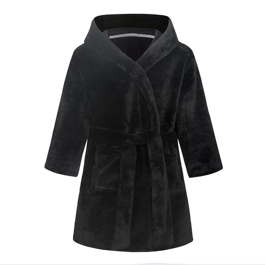 Robe de chambre à capuche douce en flanelle unie noire pour enfants (Style 19)
