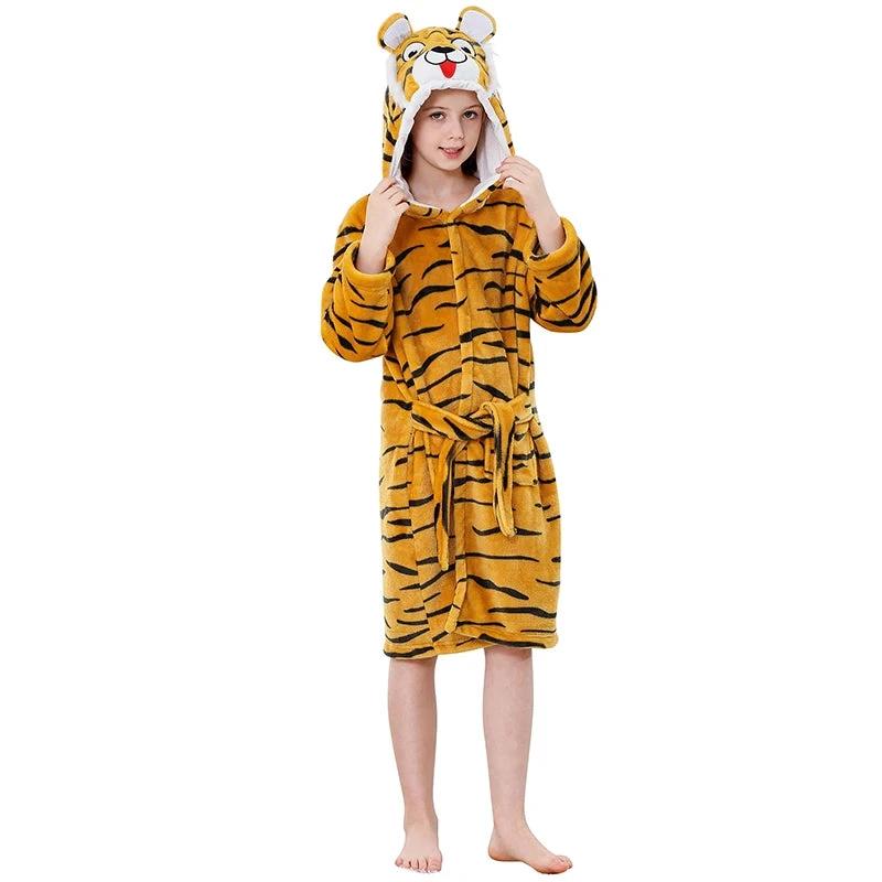 Toddler Boys Bathrobe Girl Sleepwear Winter Flannel Hooded Bath Towel Teen Tiger