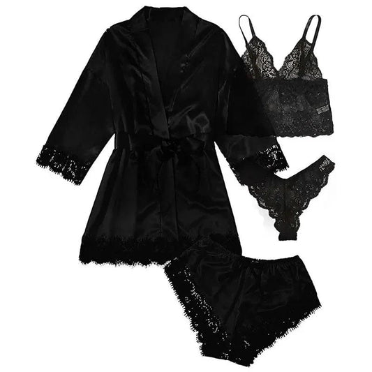 4 Pieces Woman Sleepwear Pajamas Ser With Robe Sexy Lace Lingerie Bathrobe Silk Satin Home Clothed Nightwear Robe - Noir