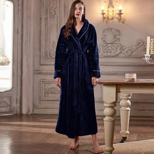 Women's Extra Long Thermal Jacquard Flannel Bathrobe with Belt - Navy