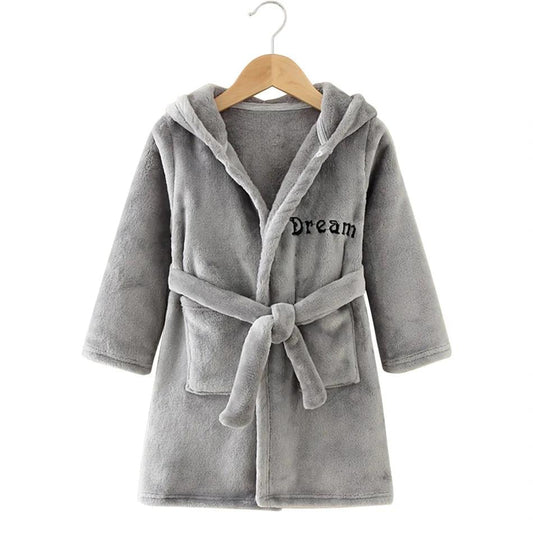 Children Hooded Fleece Bath Robe - Grey with 'Dream' Embroidery