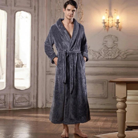 Men's Extra Long Thermal Jacquard Flannel Bathrobe with Belt - Grey