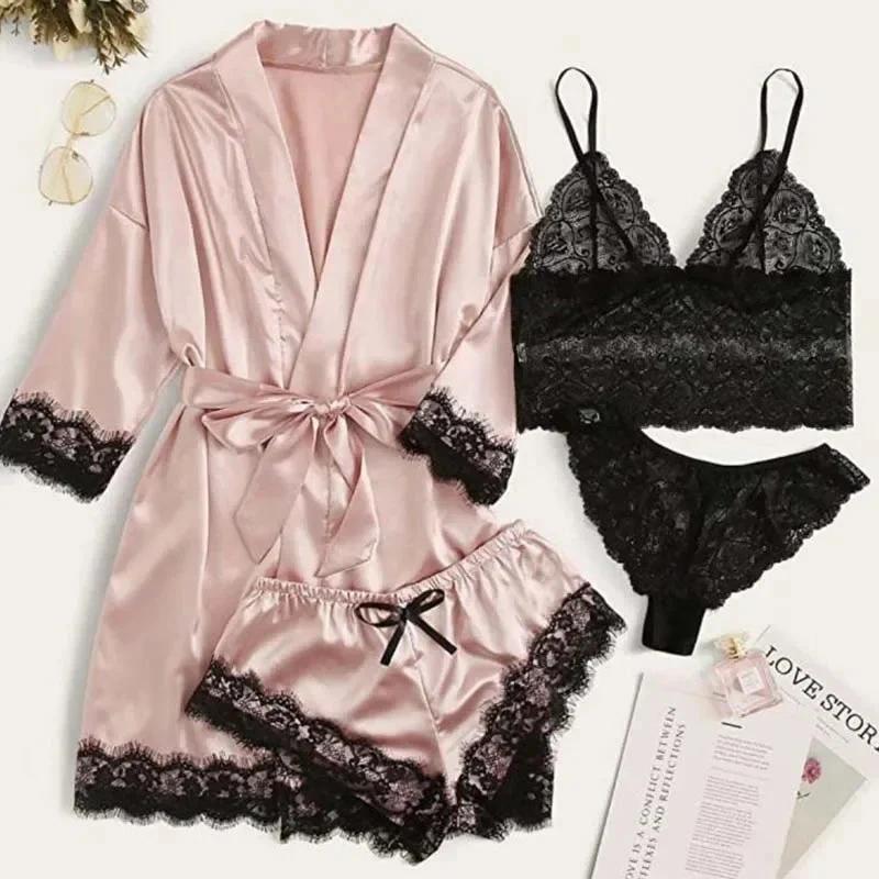 4 Pieces Woman Sleepwear Pajamas Ser With Robe Sexy Lace Lingerie Bathrobe Silk Satin Home Clothed Nightwear Robe - Rose