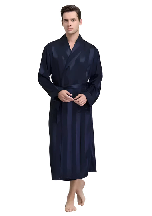 Men Bath Robe Navy Blue Striped Kimono Bathrobe Silk Long Dressing Gown