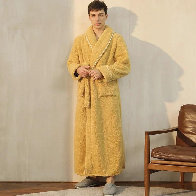 Men's Yellow Plush Long Fleece Bathrobe
