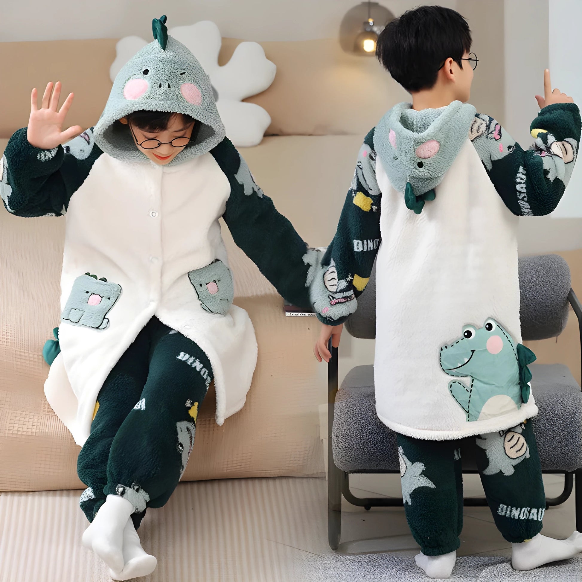 Pyjama Kawaii "D" pour enfants Dinosaure Vert
