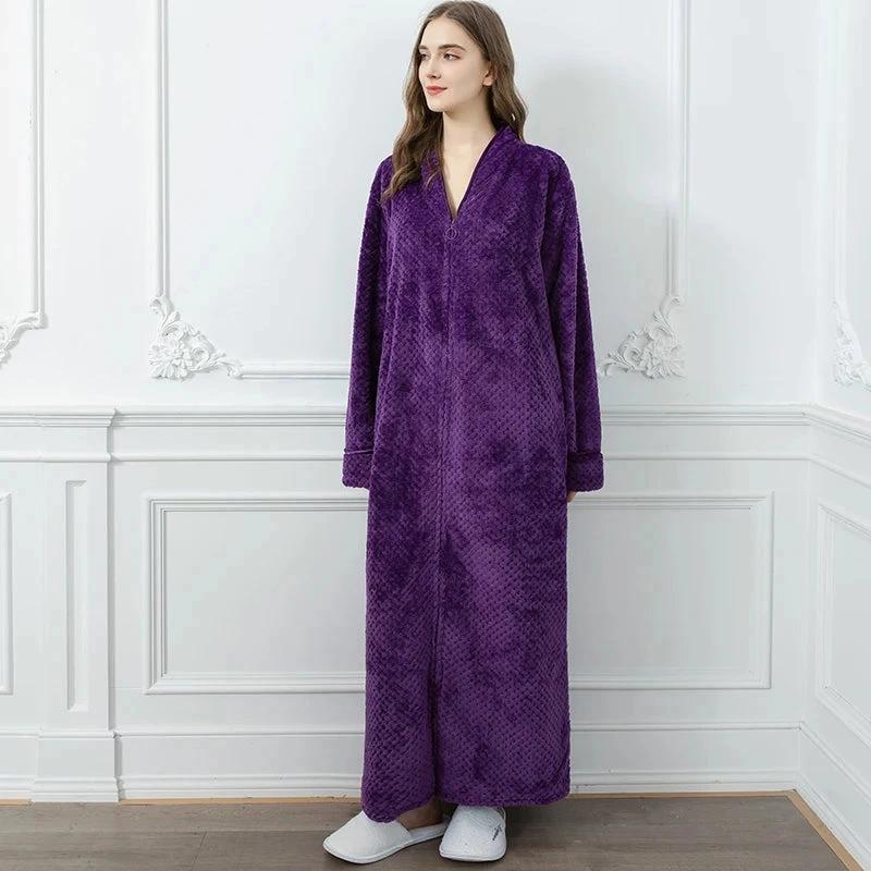 Women's Extra Long Thermal Jacquard Flannel Bathrobe with Zipper - Purple