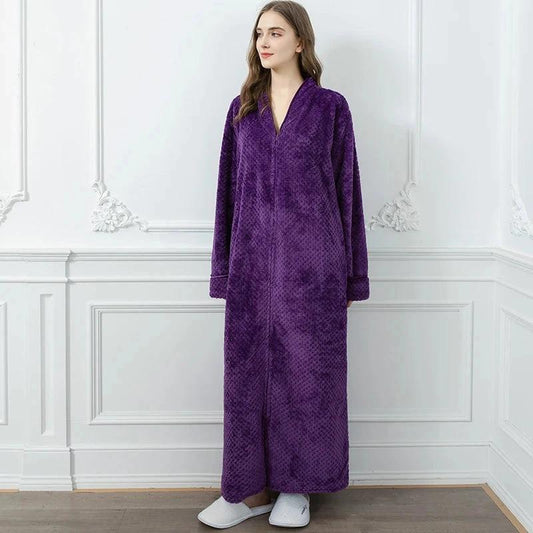 Women's Extra Long Thermal Jacquard Flannel Bathrobe with Zipper - Purple