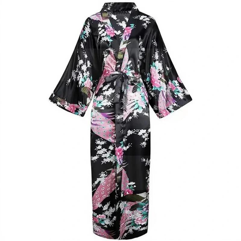 Robe kimono longue en satin pour femme avec poches - Motif paon noir