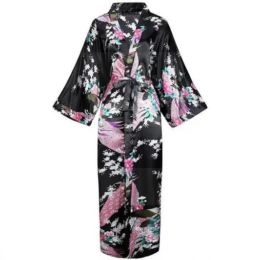 Robe kimono longue en satin pour femme avec poches - Motif paon noir