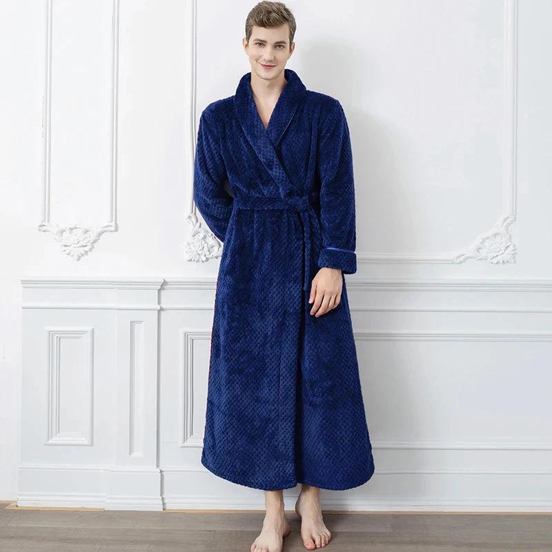 Men's Extra Long Thermal Jacquard Flannel Bathrobe with Belt - Navy
