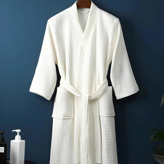 Adult Cotton Waffle Kimono Bathrobe Gown Yukata Couple Robe Negligee with Pocket Loose Casual Home Dress Loungewear Sleepwear - White