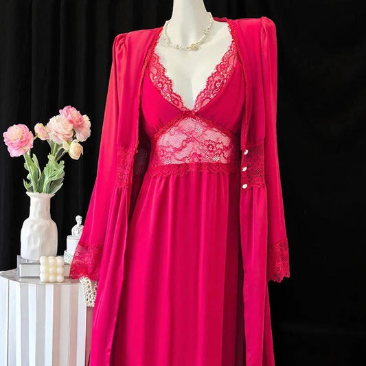 Nightgown Dress with Robe - Burgundy Long B