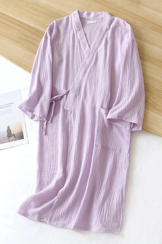 Robe kimono en coton crêpe style japonais pour femme - Violet