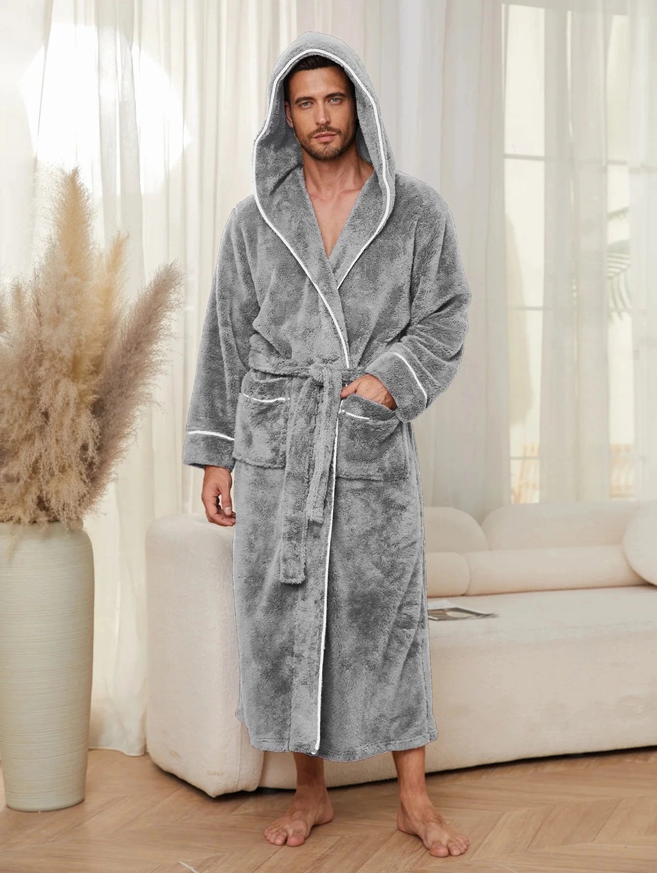 Robe de chambre confortable en coton flanelle pour homme - Gris