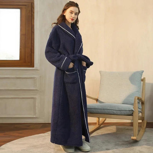 Women's Navy Blue Plush Long Fleece Bathrobe