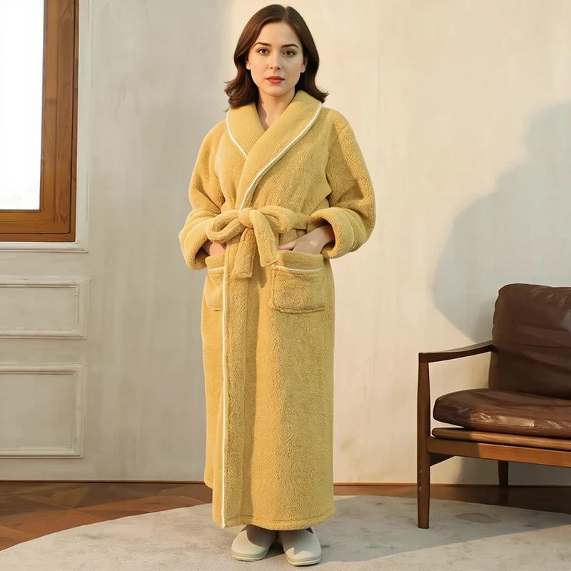 Women's Yellow Plush Long Fleece Bathrobe