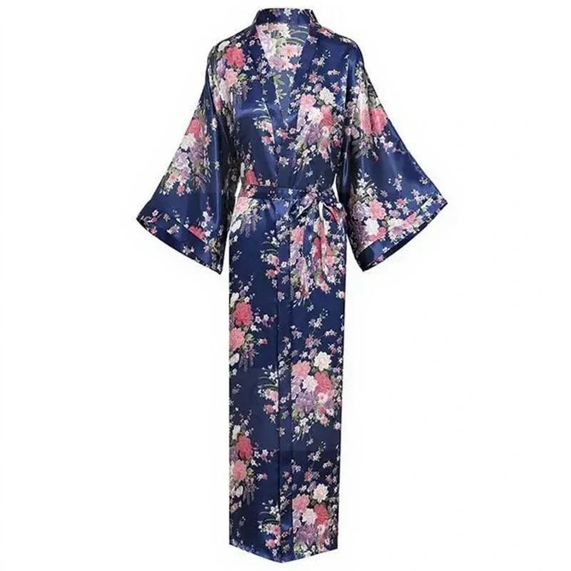 Robe kimono longue en satin pour femme avec poches - Motif floral bleu marine